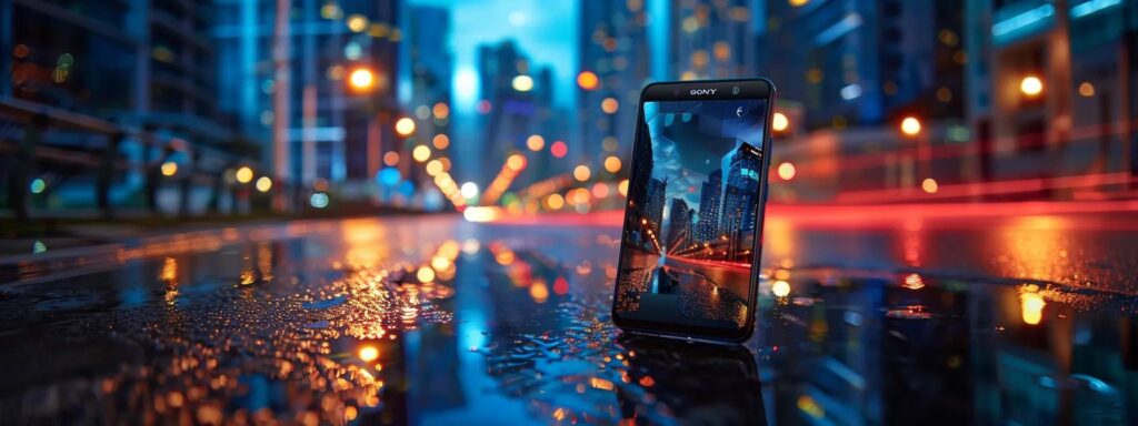 a sleek smartphone displaying a perfectly optimized website against a vibrant urban backdrop, highlighting the importance of mobile accessibility.