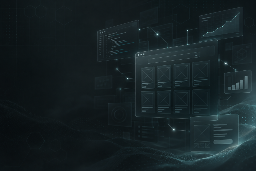 Wireframe illustration of an ecommerce collection page surrounded by template code, connected link nodes, and charts showing upward organic traffic growth.