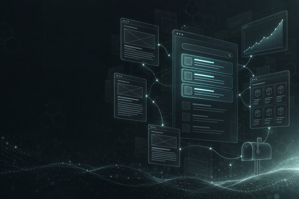 Wireframe illustration of search results with top rankings highlighted, linked to blog articles, a product category page, and a rising traffic chart.